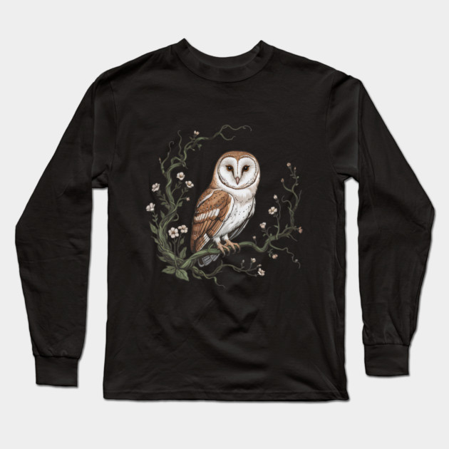 Vintage Barn Owl with Woodland Botanical Frame Long Sleeve T-Shirt by BirdsnStuff