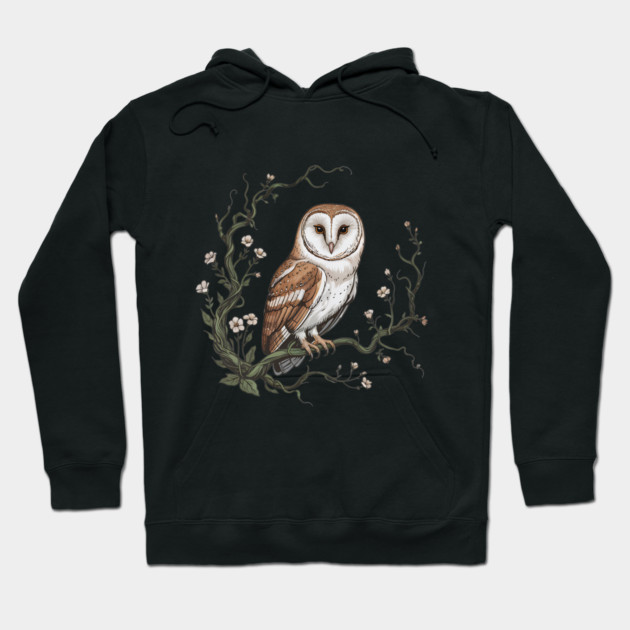 Vintage Barn Owl with Woodland Botanical Frame Hoodie by BirdsnStuff