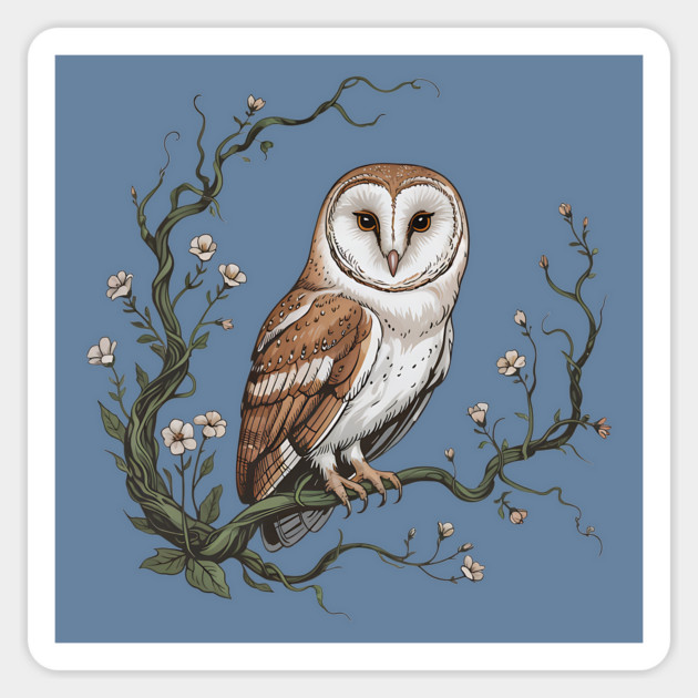 Vintage Barn Owl with Woodland Botanical Frame Magnet by BirdsnStuff