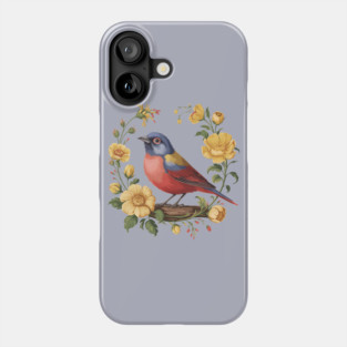 Colorful Painted Bunting with Vintage Yellow Florals Phone Case