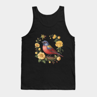 Colorful Painted Bunting with Vintage Yellow Florals Tank Top