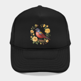 Colorful Painted Bunting with Vintage Yellow Florals Hat