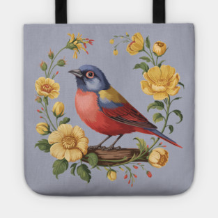 Colorful Painted Bunting with Vintage Yellow Florals Tote