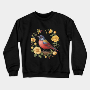 Colorful Painted Bunting with Vintage Yellow Florals Crewneck Sweatshirt