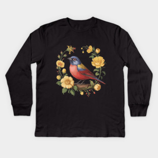 Colorful Painted Bunting with Vintage Yellow Florals Kids Long Sleeve T-Shirt