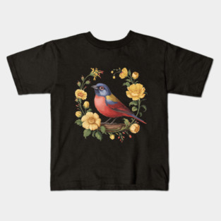 Colorful Painted Bunting with Vintage Yellow Florals Kids T-Shirt
