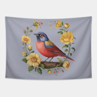 Colorful Painted Bunting with Vintage Yellow Florals Tapestry