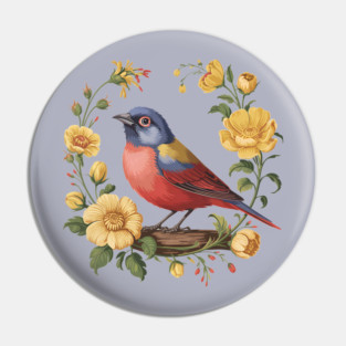 Colorful Painted Bunting with Vintage Yellow Florals Pin