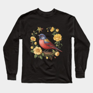 Colorful Painted Bunting with Vintage Yellow Florals Long Sleeve T-Shirt