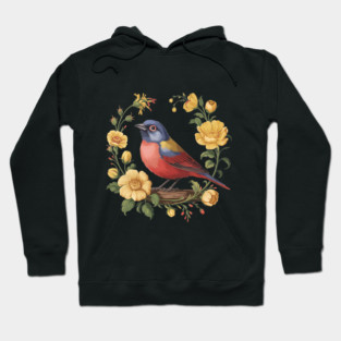 Colorful Painted Bunting with Vintage Yellow Florals Hoodie