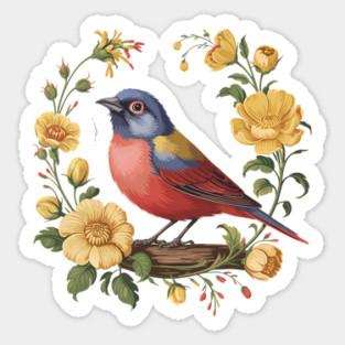Colorful Painted Bunting with Vintage Yellow Florals Sticker