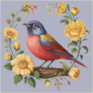 Colorful Painted Bunting with Vintage Yellow Florals Posters and Art