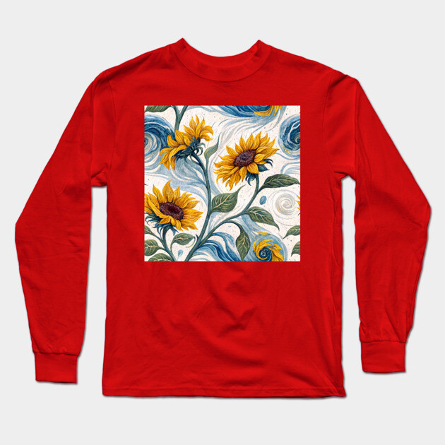 Starry Sunflowers – Van Gogh Inspired Floral Art Long Sleeve T-Shirt by DonWillisJrArt