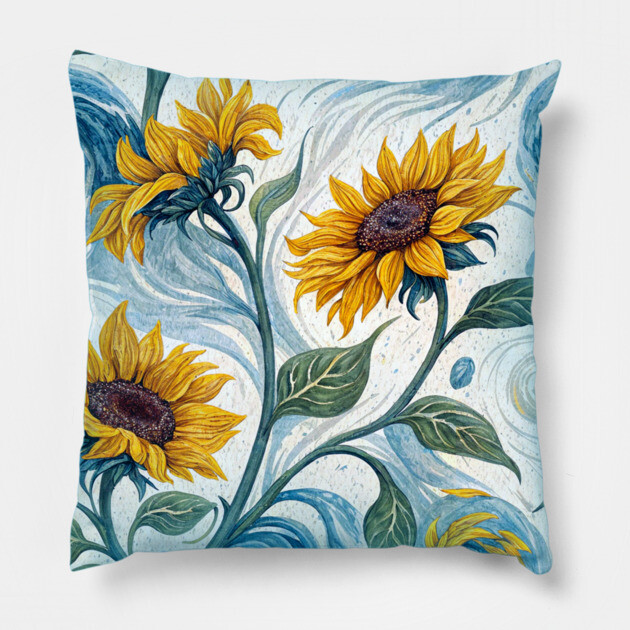 Starry Sunflowers – Van Gogh Inspired Floral Art Pillow by DonWillisJrArt