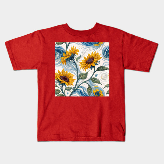 Starry Sunflowers – Van Gogh Inspired Floral Art Kids T-Shirt by DonWillisJrArt