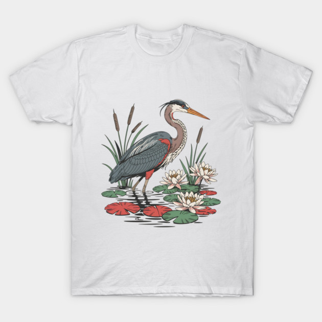 Wetland Heron with Lily Pads and Cattails T-Shirt by BirdsnStuff