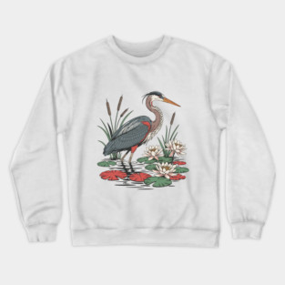 Wetland Heron with Lily Pads and Cattails Crewneck Sweatshirt