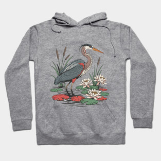 Wetland Heron with Lily Pads and Cattails Hoodie