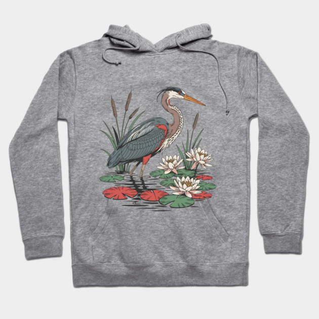 Wetland Heron with Lily Pads and Cattails Hoodie by BirdsnStuff