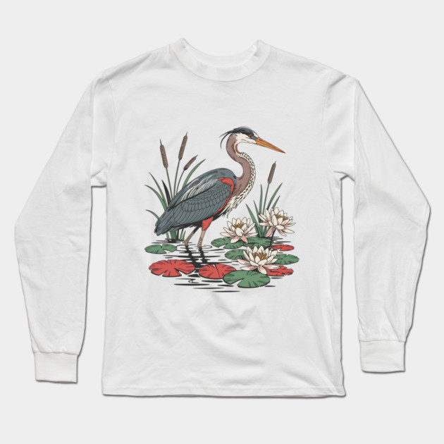 Wetland Heron with Lily Pads and Cattails Long Sleeve T-Shirt by BirdsnStuff