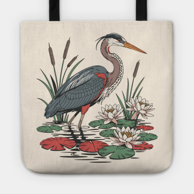 Wetland Heron with Lily Pads and Cattails Tote by BirdsnStuff
