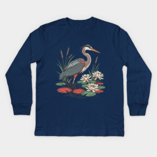 Wetland Heron with Lily Pads and Cattails Kids Long Sleeve T-Shirt