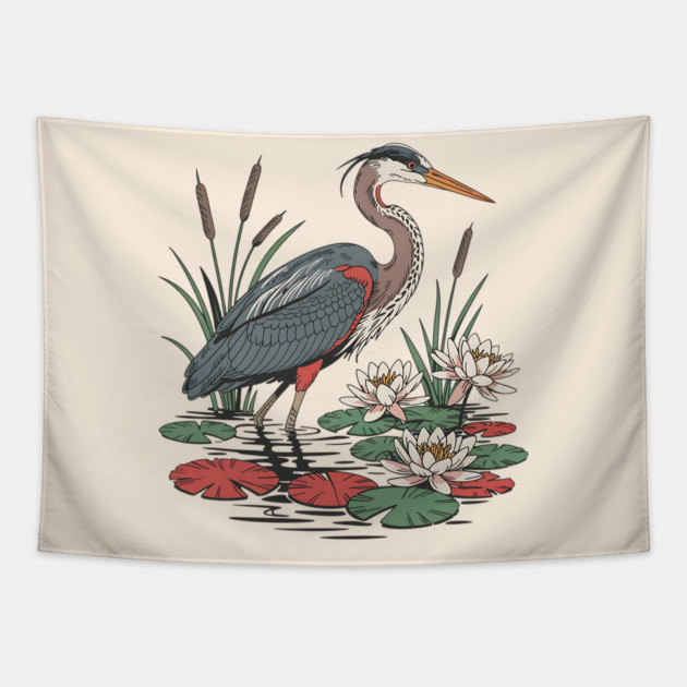 Wetland Heron with Lily Pads and Cattails Tapestry by BirdsnStuff