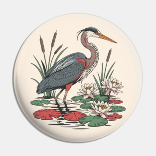 Wetland Heron with Lily Pads and Cattails Pin