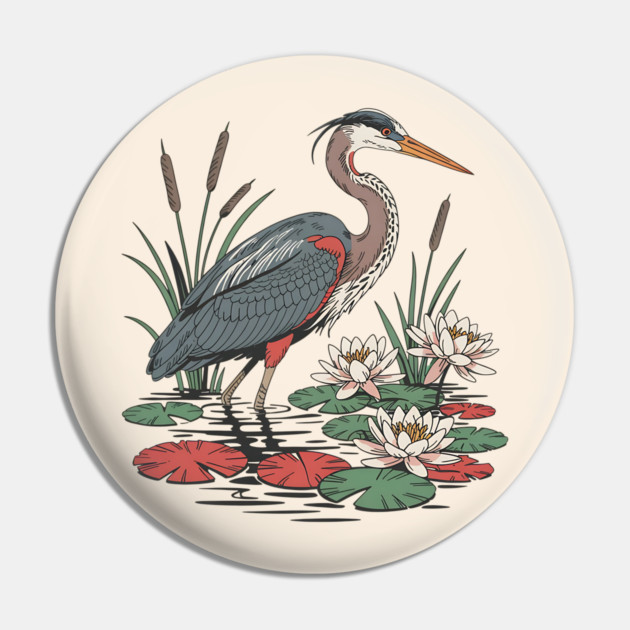 Wetland Heron with Lily Pads and Cattails Pin by BirdsnStuff