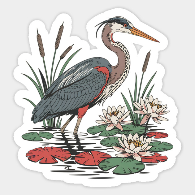 Wetland Heron with Lily Pads and Cattails Magnet by BirdsnStuff