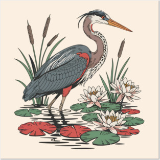 Wetland Heron with Lily Pads and Cattails Posters and Art