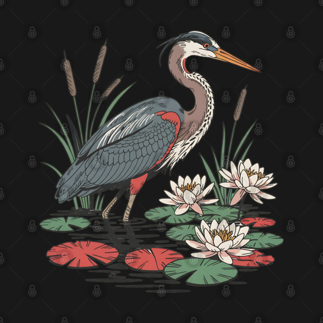 Wetland Heron with Lily Pads and Cattails by BirdsnStuff