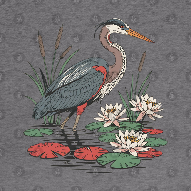 Wetland Heron with Lily Pads and Cattails by BirdsnStuff