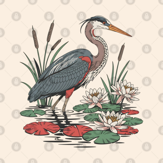 Wetland Heron with Lily Pads and Cattails by BirdsnStuff