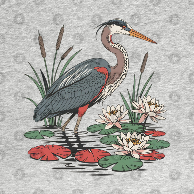 Wetland Heron with Lily Pads and Cattails by BirdsnStuff