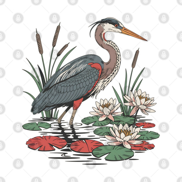 Wetland Heron with Lily Pads and Cattails by BirdsnStuff