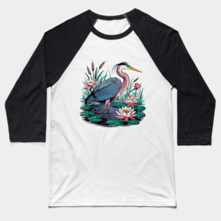 Heron with Pink Lilies and Rippling Pond Baseball T-Shirt