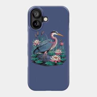 Heron with Pink Lilies and Rippling Pond Phone Case