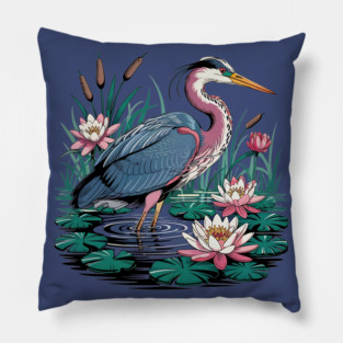Heron with Pink Lilies and Rippling Pond Pillow
