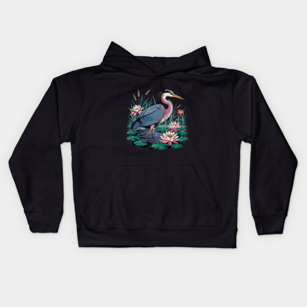 Heron with Pink Lilies and Rippling Pond Kids Hoodie by BirdsnStuff
