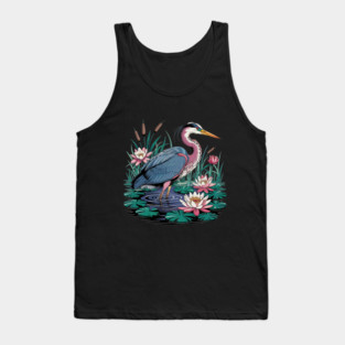 Heron with Pink Lilies and Rippling Pond Tank Top