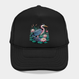 Heron with Pink Lilies and Rippling Pond Hat