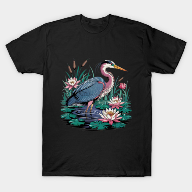 Heron with Pink Lilies and Rippling Pond T-Shirt by BirdsnStuff