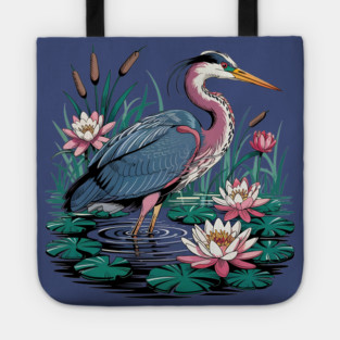 Heron with Pink Lilies and Rippling Pond Tote