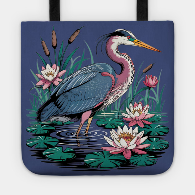 Heron with Pink Lilies and Rippling Pond Tote by BirdsnStuff