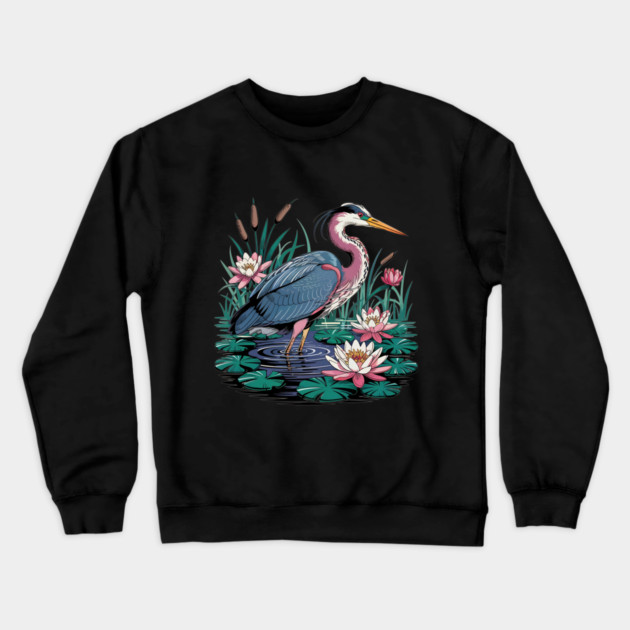 Heron with Pink Lilies and Rippling Pond Crewneck Sweatshirt by BirdsnStuff
