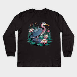 Heron with Pink Lilies and Rippling Pond Kids Long Sleeve T-Shirt