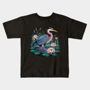 Heron with Pink Lilies and Rippling Pond Kids T-Shirt