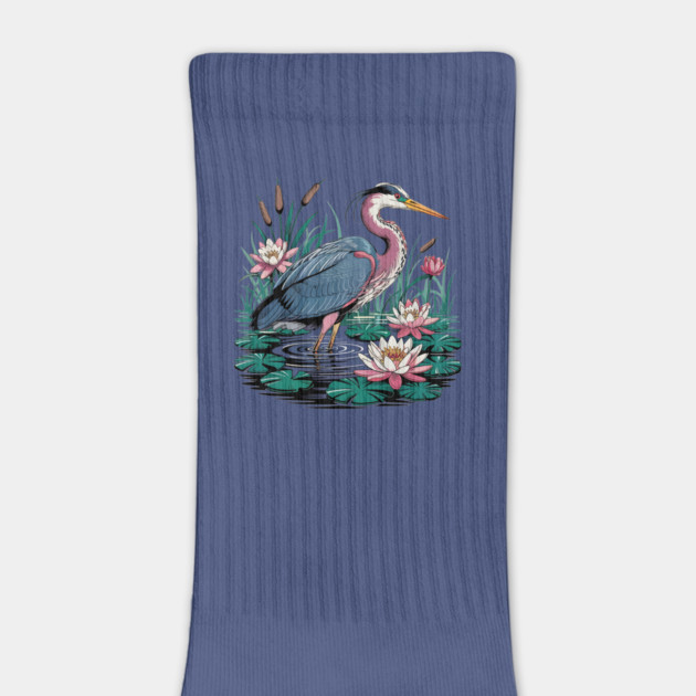 Heron with Pink Lilies and Rippling Pond by BirdsnStuff