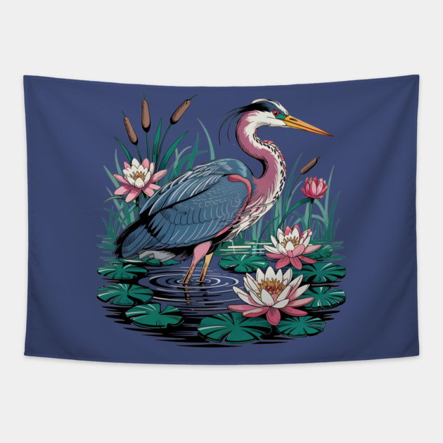 Heron with Pink Lilies and Rippling Pond Tapestry by BirdsnStuff